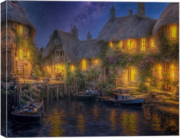 Serene Night in a French Fishing Village Canvas Print by Roger Mechan