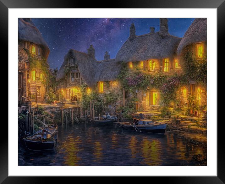 Serene Night in a French Fishing Village Framed Mounted Print by Roger Mechan