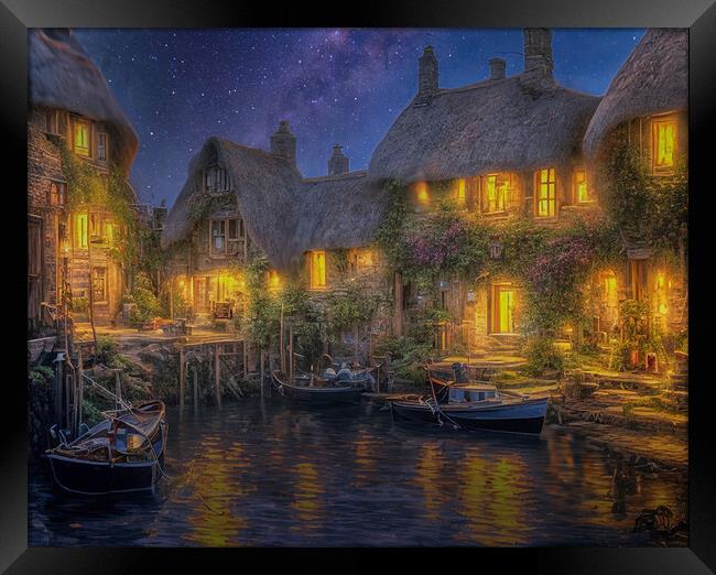 Serene Night in a French Fishing Village Framed Print by Roger Mechan