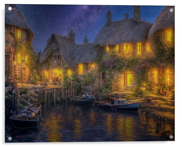 Serene Night in a French Fishing Village Acrylic by Roger Mechan