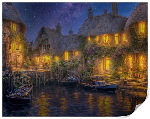 Serene Night in a French Fishing Village Print by Roger Mechan