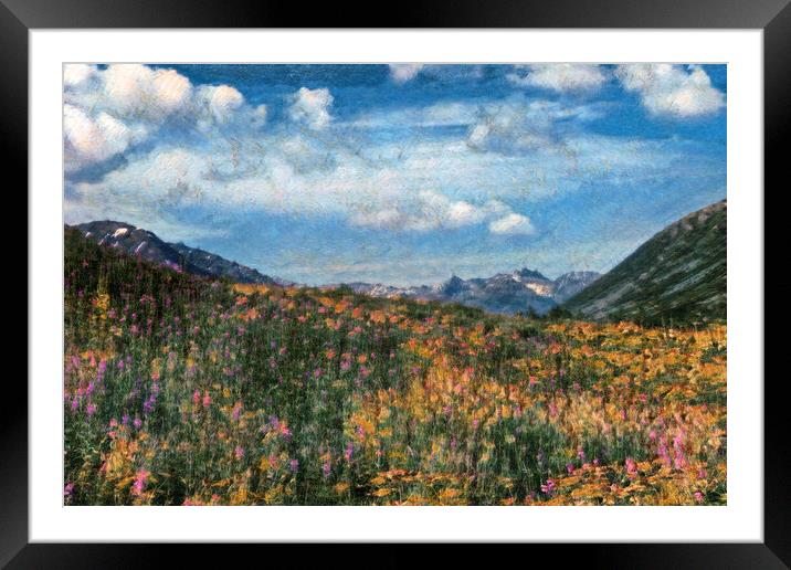 Digital painting of Alaska fireweed flowers in meadow during sum Framed Mounted Print by Thomas Baker