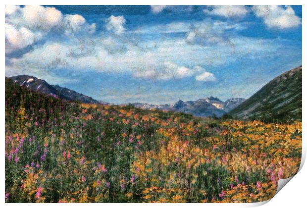 Digital painting of Alaska fireweed flowers in meadow during sum Print by Thomas Baker