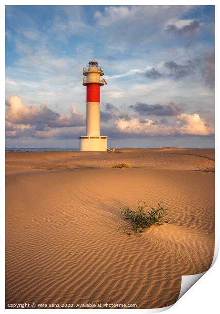 Lighthouse at El Fangar Beach at sunset,  Deltebre, Catalonia Print by Pere Sanz