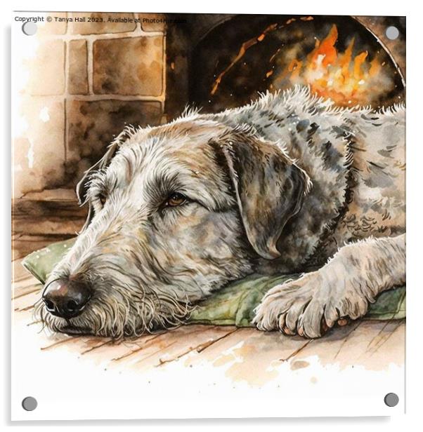 Irish Wolfhound Warming by the Hearth Acrylic by Tanya Hall