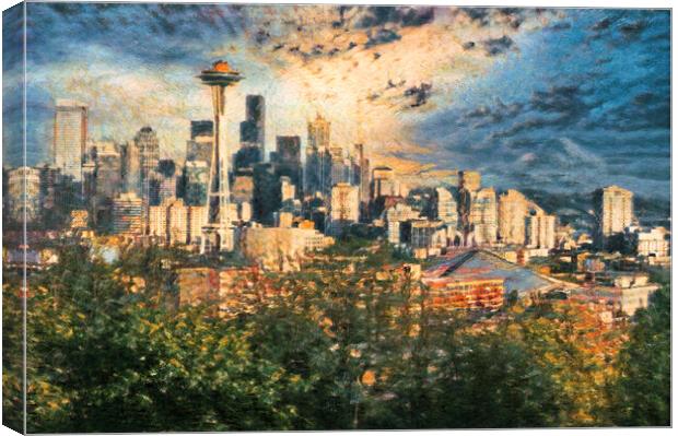 Digital painting of City of Seattle Washington during late summe Canvas Print by Thomas Baker