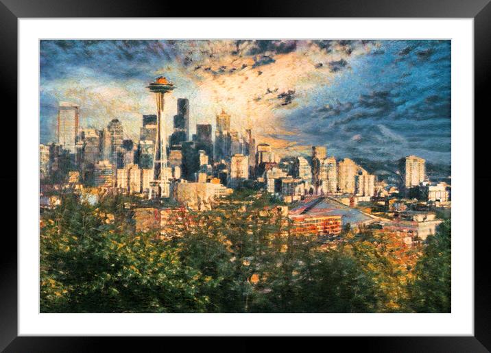 Digital painting of City of Seattle Washington during late summe Framed Mounted Print by Thomas Baker