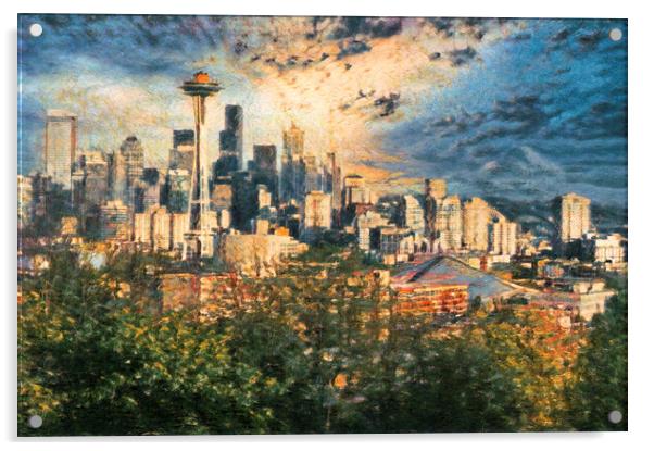 Digital painting of City of Seattle Washington during late summe Acrylic by Thomas Baker