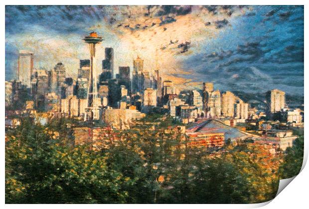 Digital painting of City of Seattle Washington during late summe Print by Thomas Baker
