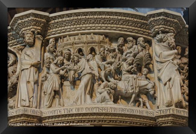 One side of the octagonal pulpit - Pisa Framed Print by Laszlo Konya