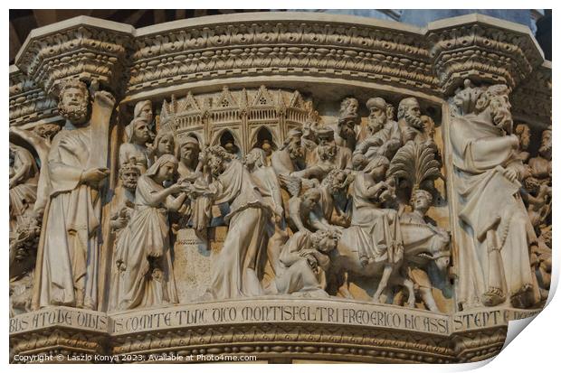 One side of the octagonal pulpit - Pisa Print by Laszlo Konya
