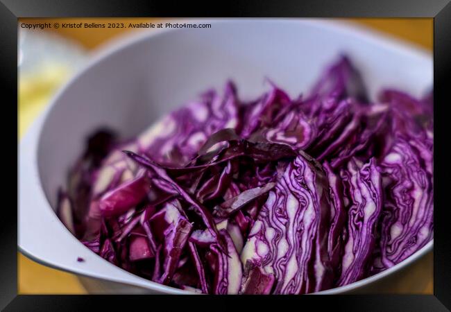 Close-up of a bowl with chopped red cabbage Framed Print by Kristof Bellens