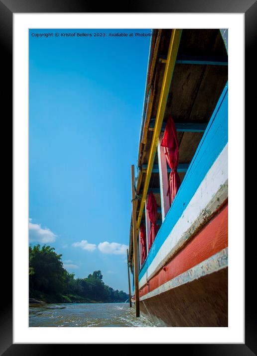 Travelling the Mekong bordering Laos and Thailand by slow boat, mountains bordering the river. Framed Mounted Print by Kristof Bellens