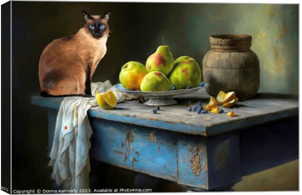 Cat on a Blue Table Canvas Print by Donna Kennedy