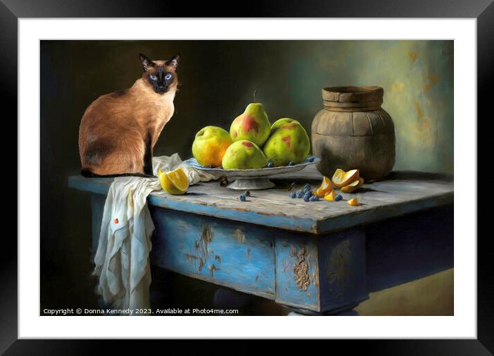 Cat on a Blue Table Framed Mounted Print by Donna Kennedy