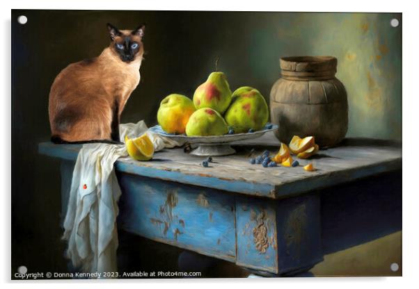 Cat on a Blue Table Acrylic by Donna Kennedy