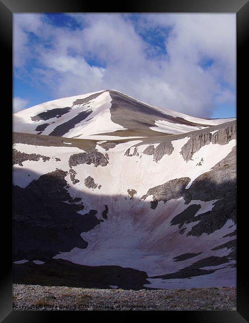 Snow fields near Mount Olympus Framed Print by DEE- Diana Cosford