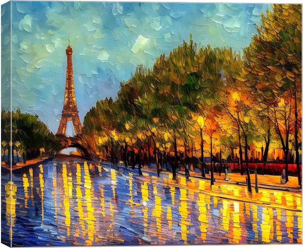 Rainy Parisian Boulevard and Eiffel Tower Canvas Print by Roger Mechan
