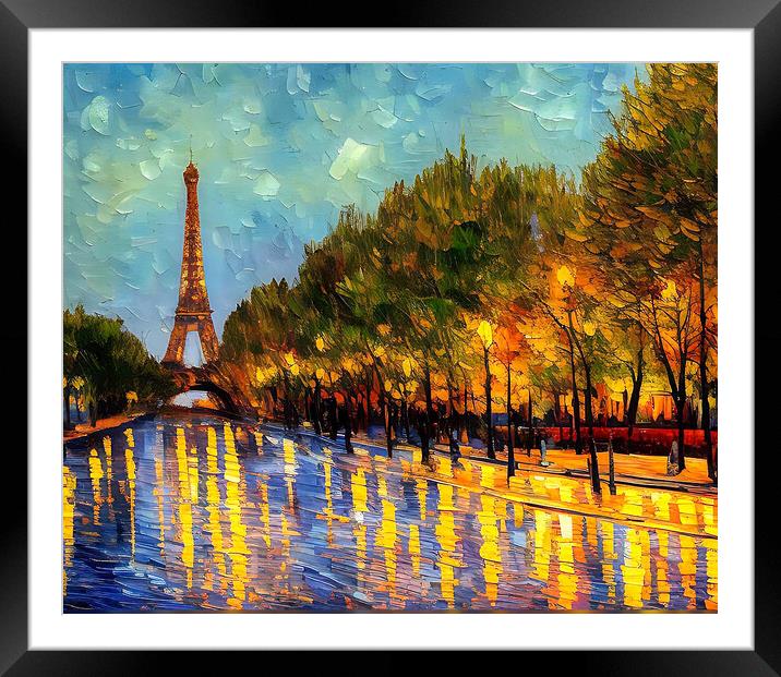Rainy Parisian Boulevard and Eiffel Tower Framed Mounted Print by Roger Mechan