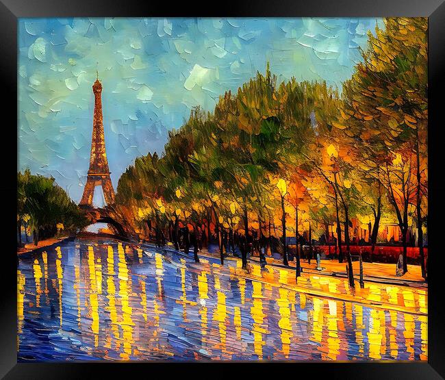 Rainy Parisian Boulevard and Eiffel Tower Framed Print by Roger Mechan