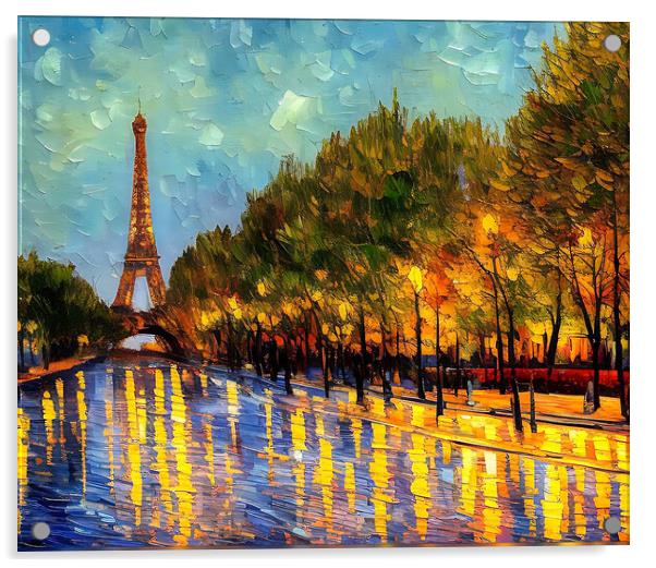 Rainy Parisian Boulevard and Eiffel Tower Acrylic by Roger Mechan