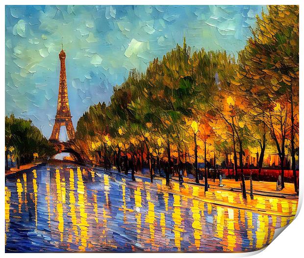 Rainy Parisian Boulevard and Eiffel Tower Print by Roger Mechan