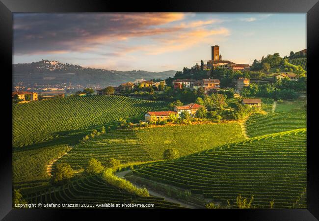 Barbaresco village and Langhe vineyards, Piedmont, Italy. Framed Print by Stefano Orazzini