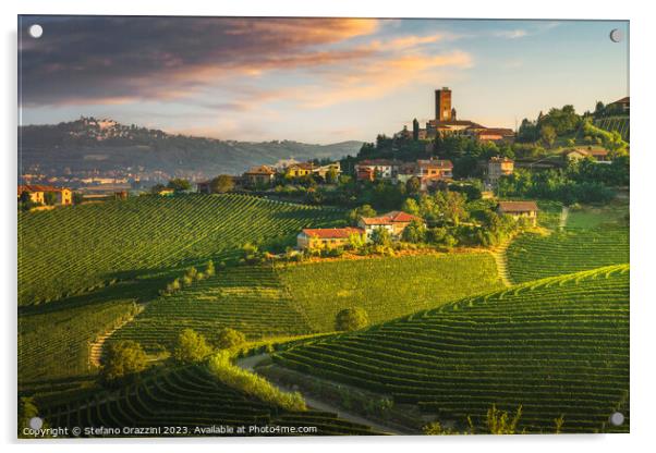 Barbaresco village and Langhe vineyards, Piedmont, Italy. Acrylic by Stefano Orazzini