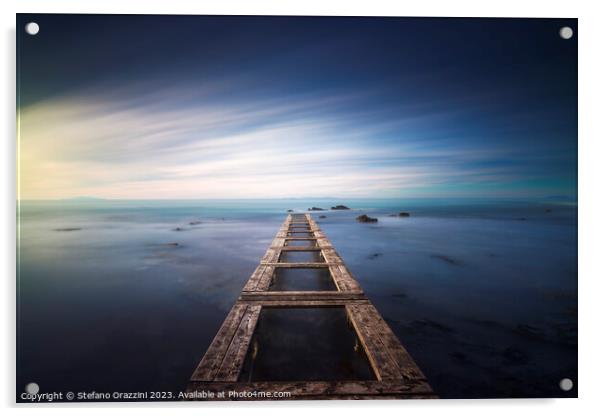 Wooden pier remains in a blue sea. Long Exposure. Acrylic by Stefano Orazzini