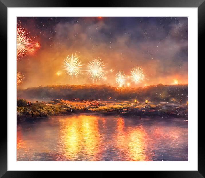 Golden Sunset Fireworks Display Framed Mounted Print by Roger Mechan