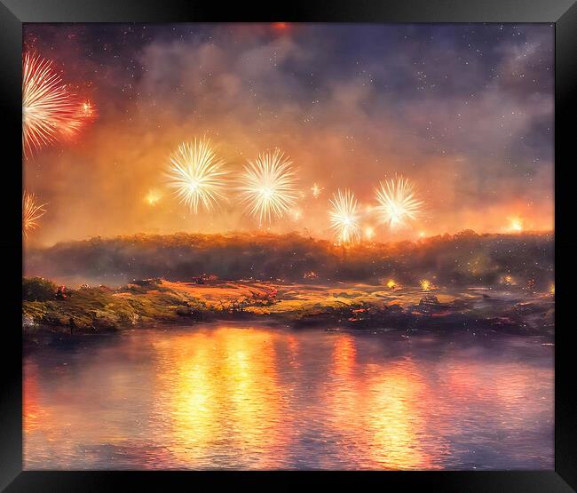 Golden Sunset Fireworks Display Framed Print by Roger Mechan