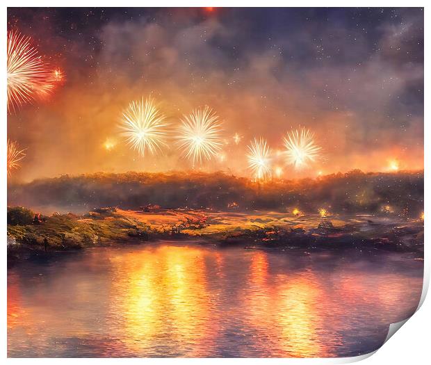 Golden Sunset Fireworks Display Print by Roger Mechan