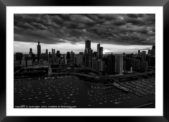 Aerial sunset storm view Chicago Waterfront  Framed Mounted Print by Spotmatik 