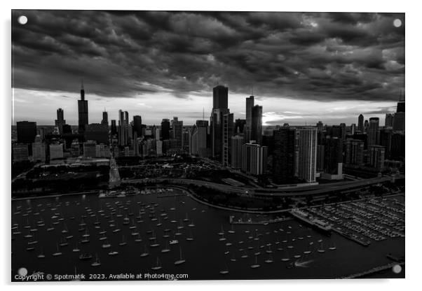 Aerial sunset storm view Chicago Waterfront  Acrylic by Spotmatik 