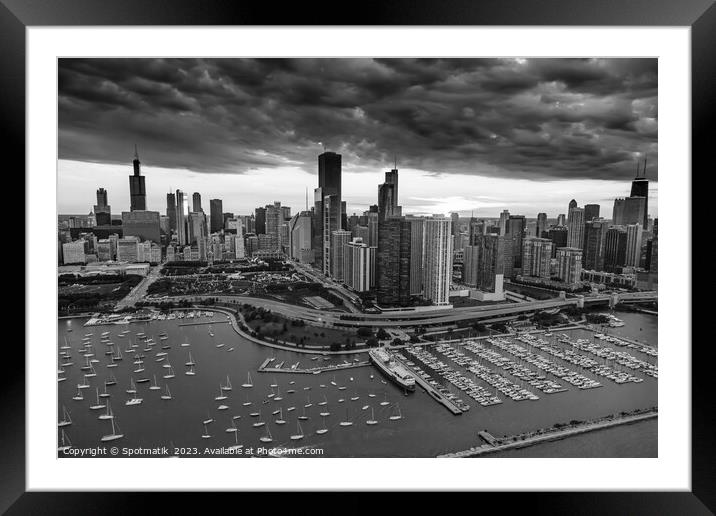 Aerial skyscrapers Chicago Waterfront sunset  Framed Mounted Print by Spotmatik 