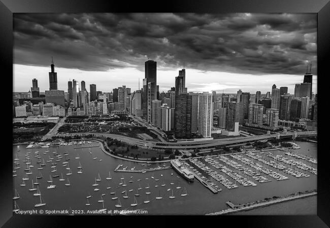 Aerial skyscrapers Chicago Waterfront sunset  Framed Print by Spotmatik 