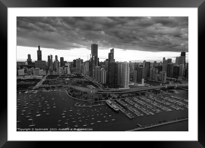 Aerial Chicago skyscrapers sunset harbor shoreline marina Framed Mounted Print by Spotmatik 