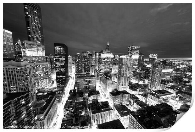 Aerial Chicago skyscrapers illuminated at night  Print by Spotmatik 