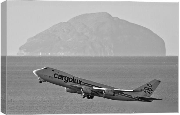 Boeing 747 departing Prestwick passing Ailsa Craig Canvas Print by Allan Durward Photography