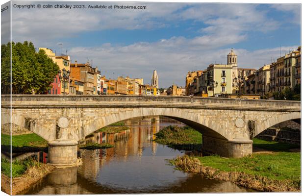 Serene Reflections: The Majestic Bridge of Girona Canvas Print by colin chalkley