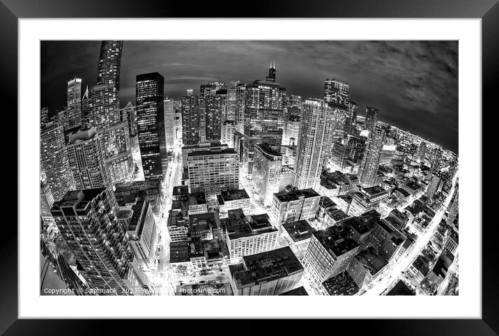 Aerial wide angle night view illuminated Chicago  Framed Mounted Print by Spotmatik 