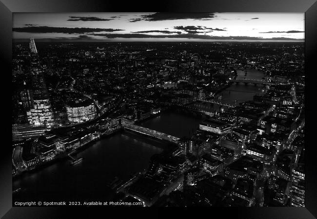 Aerial London city night view river Thames Framed Print by Spotmatik 