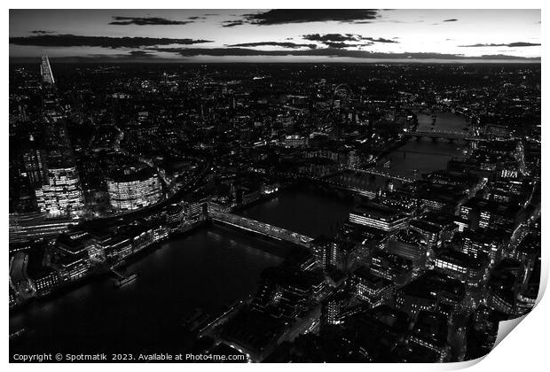 Aerial London city night view river Thames Print by Spotmatik 