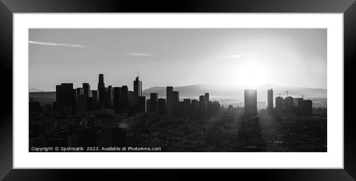 Aerial Panorama sunrise over Los Angeles city skyline  Framed Mounted Print by Spotmatik 