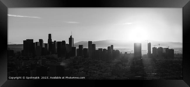 Aerial Panorama sunrise over Los Angeles city skyline  Framed Print by Spotmatik 