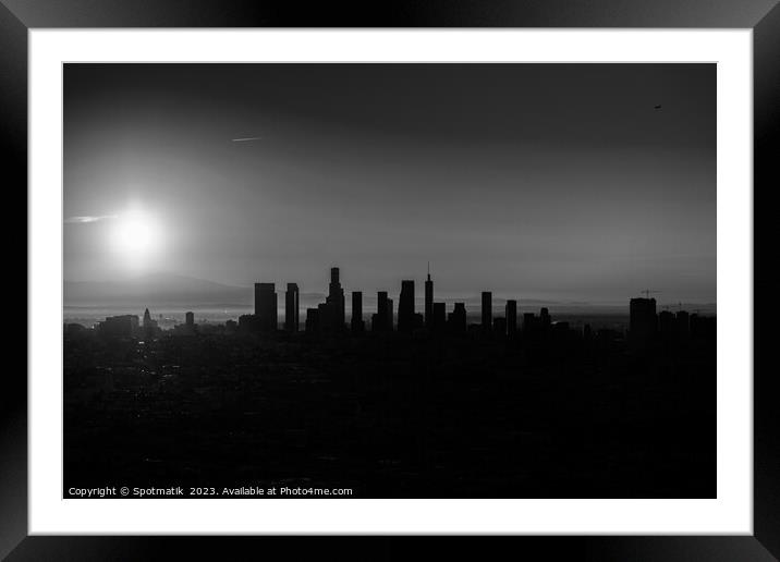 Aerial Silhouette of Los Angeles sunrise USA Framed Mounted Print by Spotmatik 