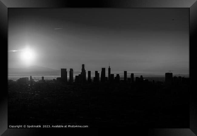 Aerial Silhouette of Los Angeles sunrise USA Framed Print by Spotmatik 