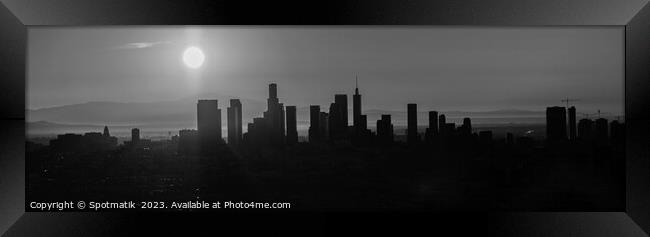 Aerial Panorama sunrise Silhouette view of Los Angeles  Framed Print by Spotmatik 