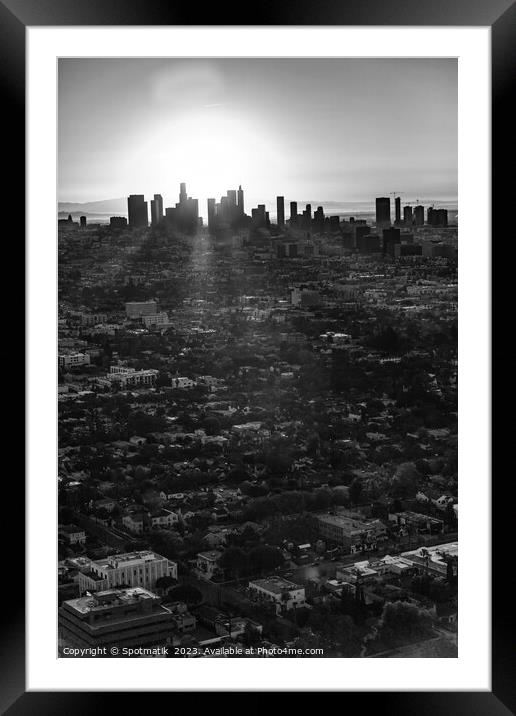 Aerial cityscape sunrise view of Los Angeles city  Framed Mounted Print by Spotmatik 