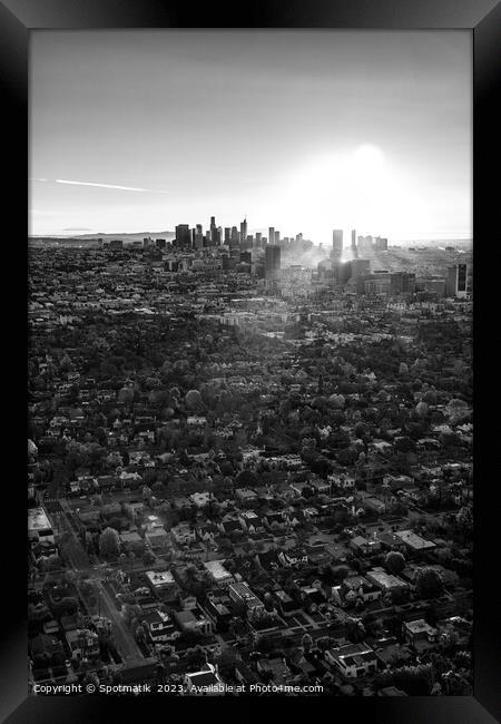 Aerial cityscape sunrise over downtown Los Angeles Framed Print by Spotmatik 